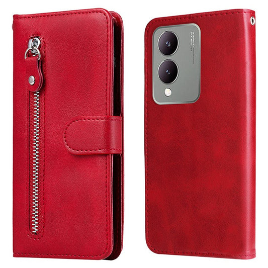 For vivo Y17s 4G Case PU Leather Phone Cover with Zipper Pocket Wallet - Red