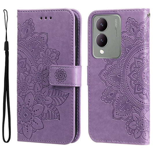 For vivo Y17s 4G Case Flower Imprinted PU Leather Wallet Cover - Purple