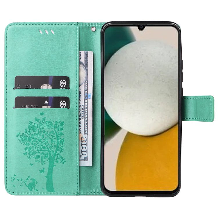 For Samsung Galaxy A05s 4G KT Imprinting Flower Series-3 Case Stand Leather Imprinted Cat Tree Phone Shell Wallet - Green