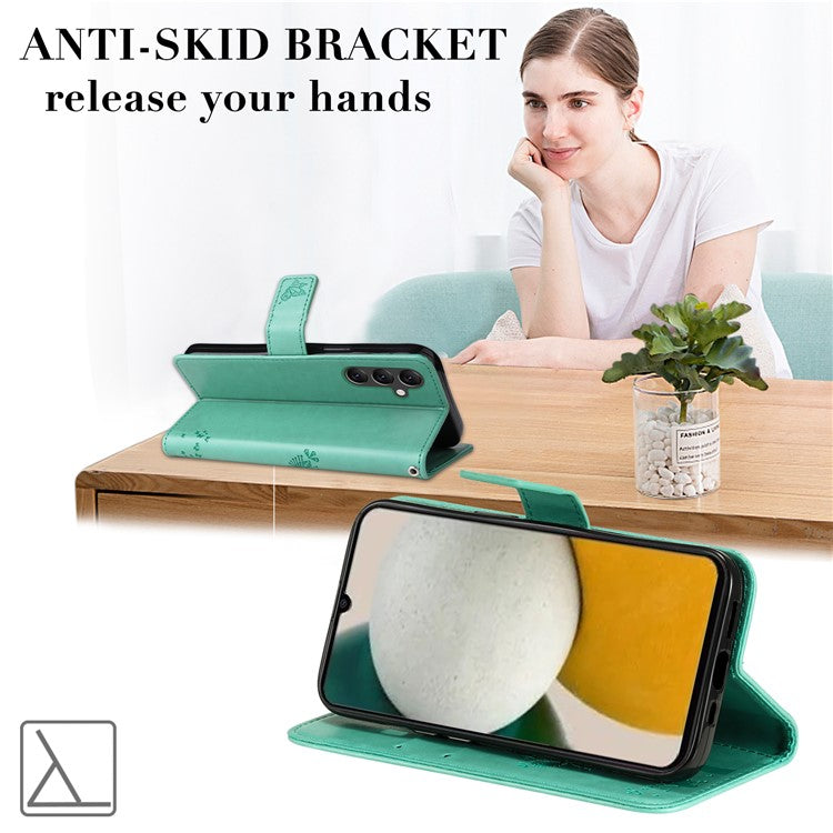 For Samsung Galaxy A05s 4G KT Imprinting Flower Series-3 Case Stand Leather Imprinted Cat Tree Phone Shell Wallet - Green