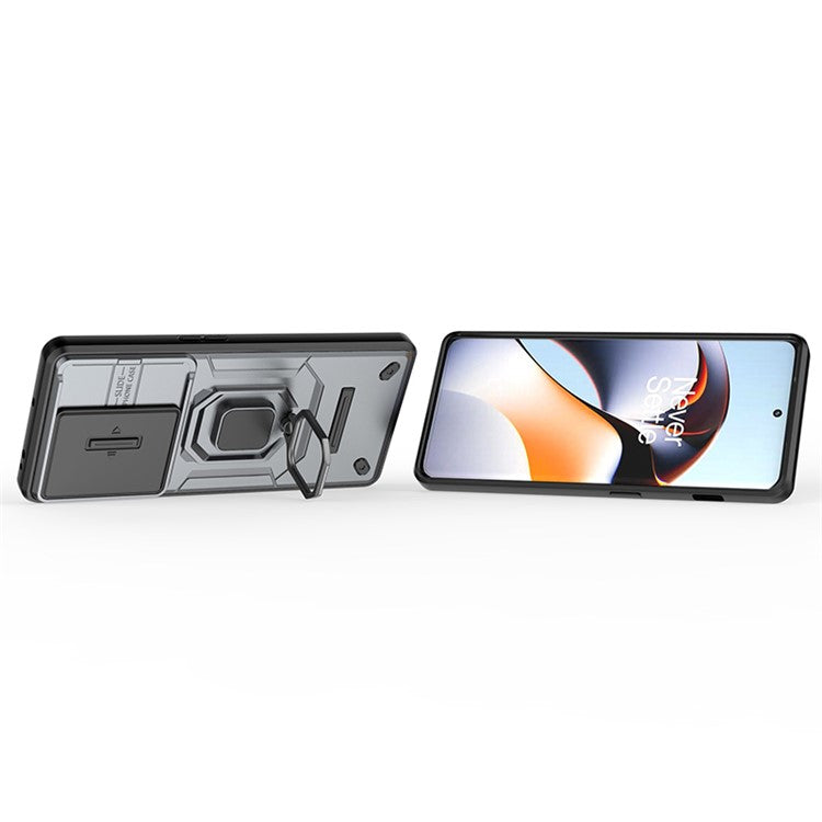 For OnePlus 11R 5G / Ace 2 5G Case Slide Lens Lid PC+TPU Kickstand Cover - Grey
