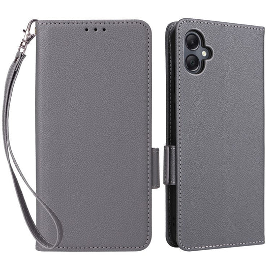 For Samsung Galaxy A05 4G Case Litchi Texture Cell Phone Leather Cover with Strap - Grey