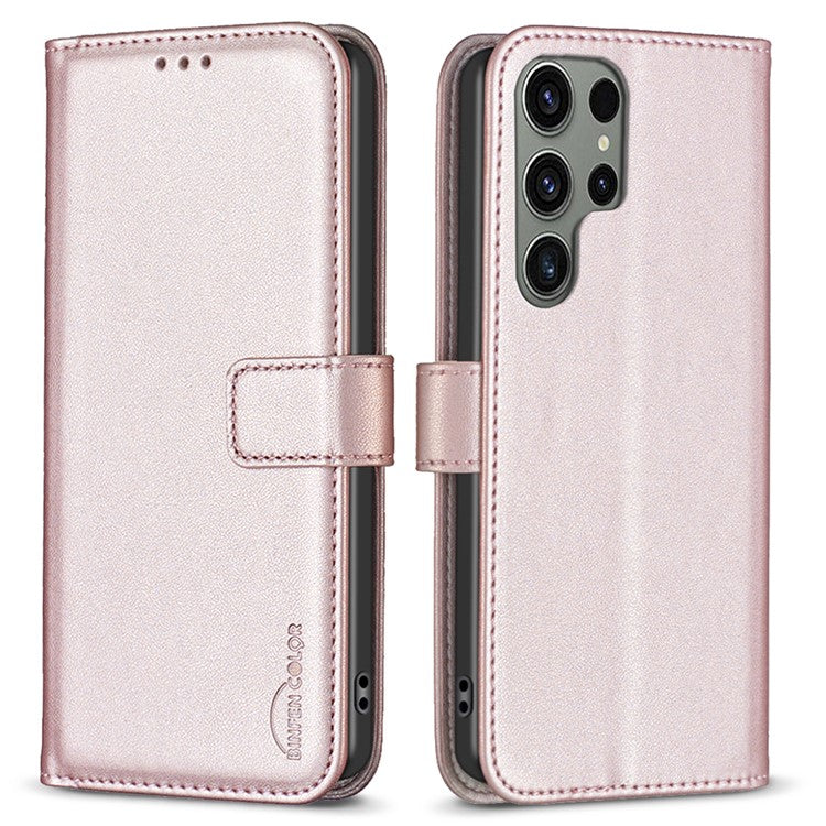 BINFEN COLOR BF17 For Samsung Galaxy S24 Ultra Leather Case Stand Phone Cover - Rose Gold