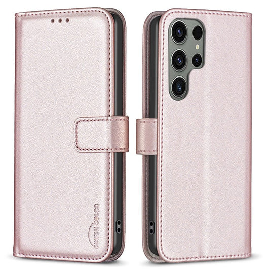 BINFEN COLOR BF17 For Samsung Galaxy S24 Ultra Leather Case Stand Phone Cover - Rose Gold