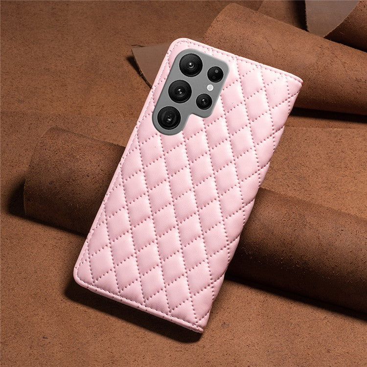 BINFEN COLOR BF Style-16 For Samsung Galaxy S24 Ultra Case Card Holder Leather Cover - Pink