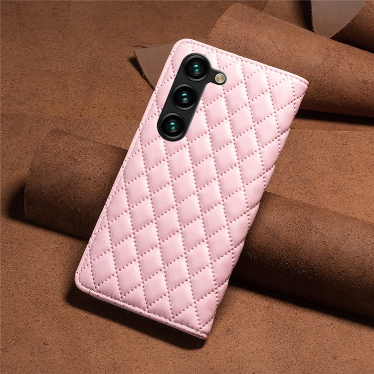 BINFEN COLOR BF16 For Samsung Galaxy S25+ / S24+ Case PU Leather Rhombus Phone Cover - Pink