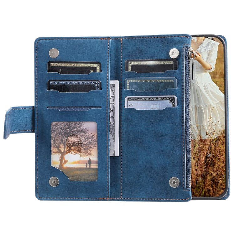 For Samsung Galaxy S24+ Leather Case Zipper Pocket Wallet Phone Cover with Strap - Blue