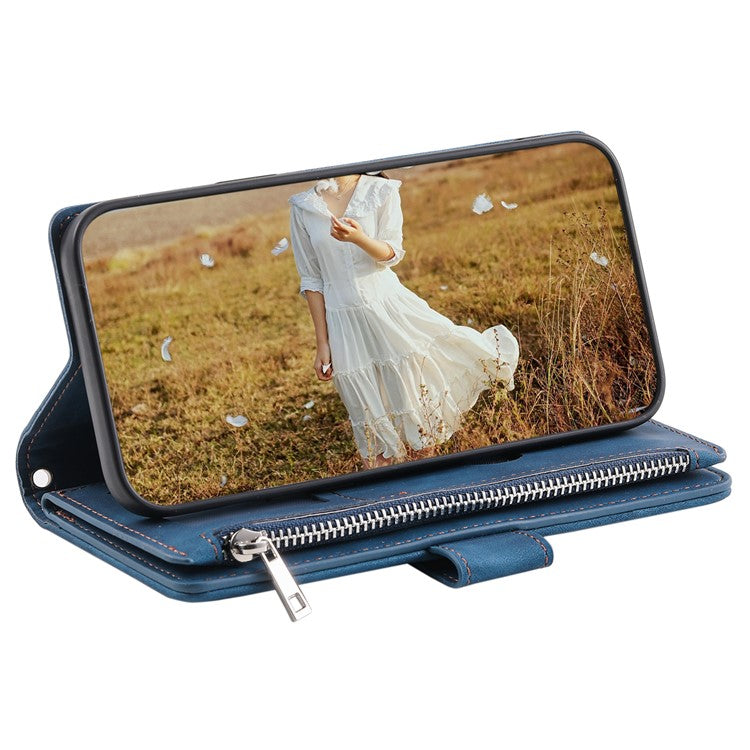For Samsung Galaxy S24+ Leather Case Zipper Pocket Wallet Phone Cover with Strap - Blue