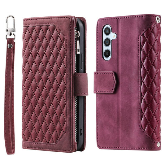 For Samsung Galaxy S24+ Leather Case Zipper Pocket Wallet Phone Cover with Strap - Wine Red