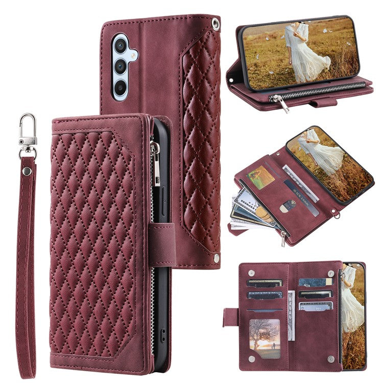 For Samsung Galaxy S24+ Leather Case Zipper Pocket Wallet Phone Cover with Strap - Wine Red