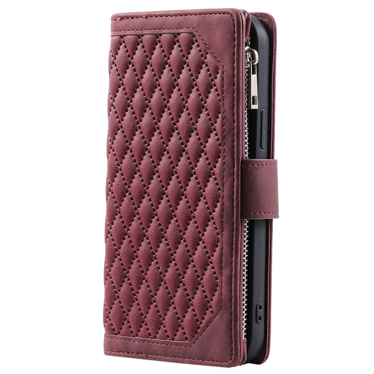 For Samsung Galaxy S24+ Leather Case Zipper Pocket Wallet Phone Cover with Strap - Wine Red