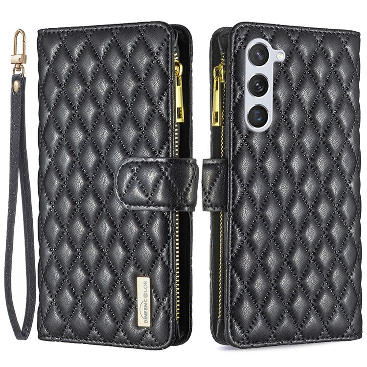 BINFEN COLOR BF Style-15 For Samsung Galaxy S24 Leather Case Zipper Pocket Wallet Phone Cover - Black