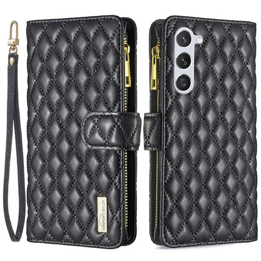 BINFEN COLOR BF Style-15 For Samsung Galaxy S24 Leather Case Zipper Pocket Wallet Phone Cover - Black