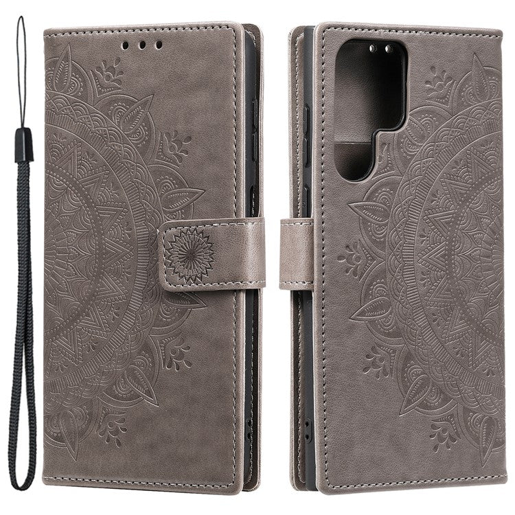 For Samsung Galaxy S24 Ultra Case PU Leather Mandala Flower Stand Cover with Strap - Grey