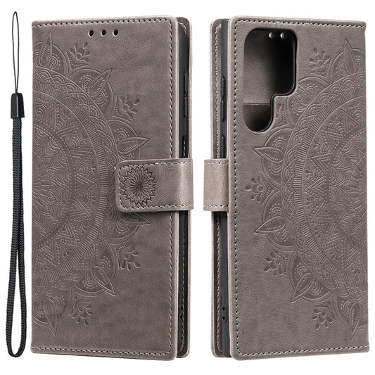 For Samsung Galaxy S24 Ultra Case PU Leather Mandala Flower Stand Cover with Strap - Grey