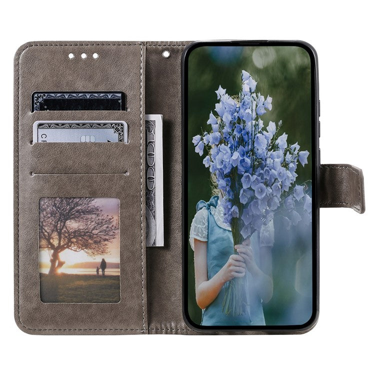 For Samsung Galaxy S24 Ultra Case PU Leather Mandala Flower Stand Cover with Strap - Grey