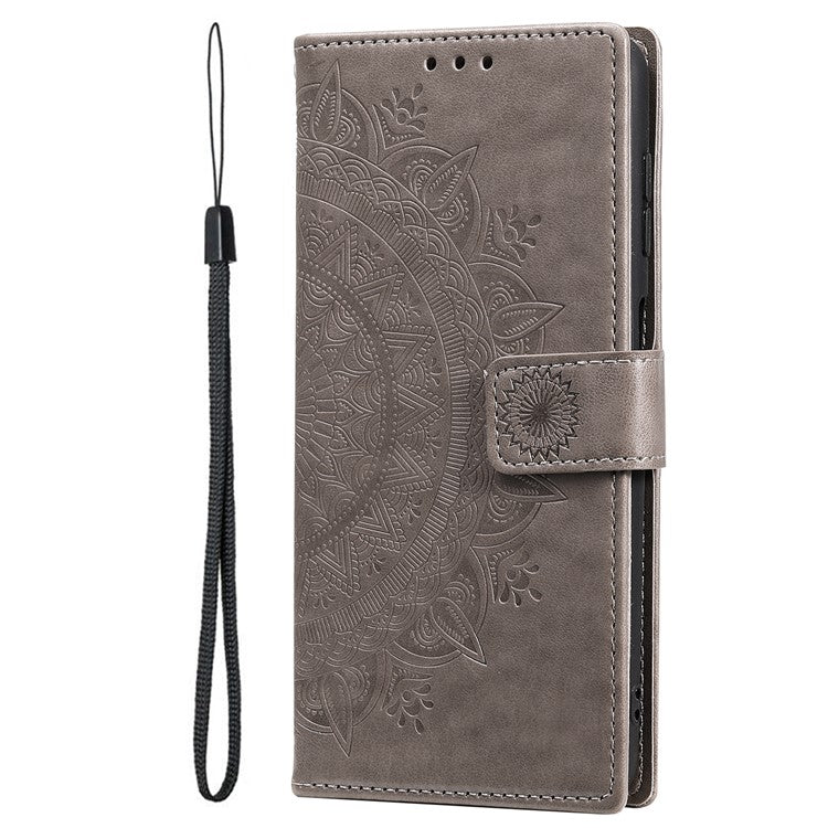For Samsung Galaxy S24 Ultra Case PU Leather Mandala Flower Stand Cover with Strap - Grey