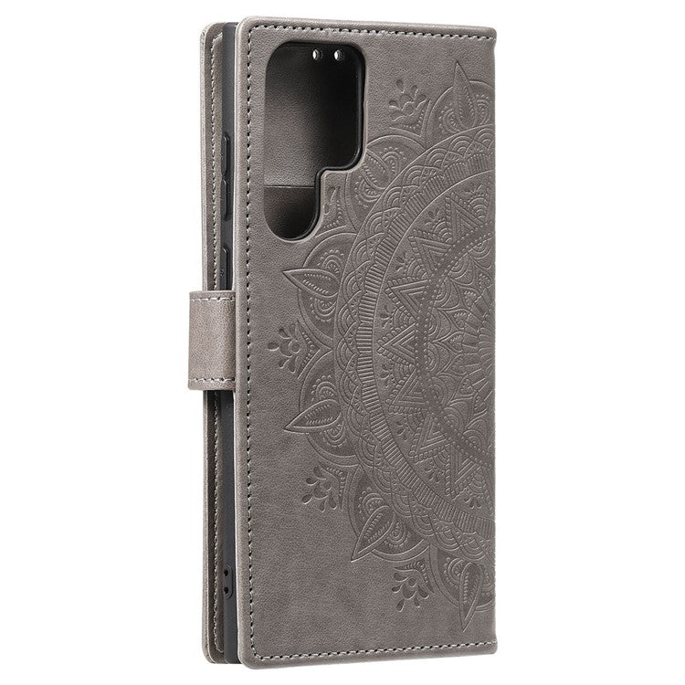 For Samsung Galaxy S24 Ultra Case PU Leather Mandala Flower Stand Cover with Strap - Grey