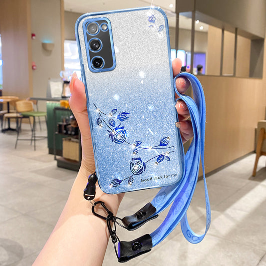 KADEM For Samsung Galaxy S20 FE 4G / FE 5G / S20 Lite / S20 FE 2022 Case Glitter TPU Flower Decor Phone Cover with Strap - Blue