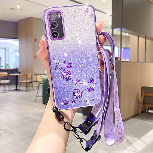 KADEM For Samsung Galaxy S20 FE 4G / FE 5G / S20 Lite / S20 FE 2022 Case Glitter TPU Flower Decor Phone Cover with Strap - Purple