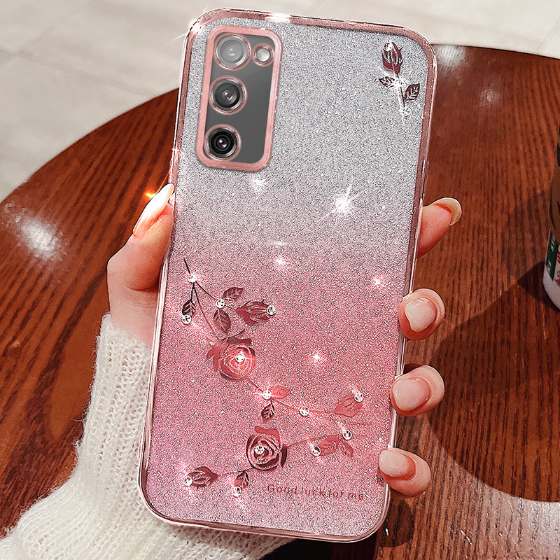 KADEM For Samsung Galaxy S20 FE 4G / FE 5G / S20 Lite / S20 FE 2022 Case Glitter TPU Flower Decor Phone Cover with Strap - Rose Gold
