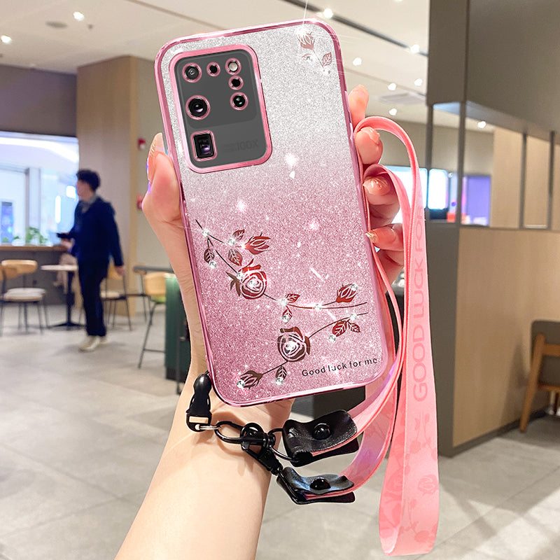 KADEM For Samsung Galaxy Galaxy S20 Ultra Case Glitter TPU Phone Cover with Strap - Rose Gold