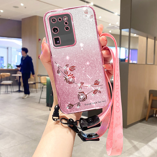 KADEM For Samsung Galaxy Galaxy S20 Ultra Case Glitter TPU Phone Cover with Strap - Rose Gold