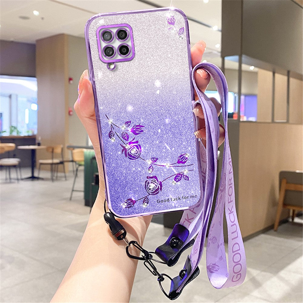 KADEM For Samsung Galaxy M33 5G (Global Version) Case Rhinestone Flower TPU Phone Cover with Strap - Purple
