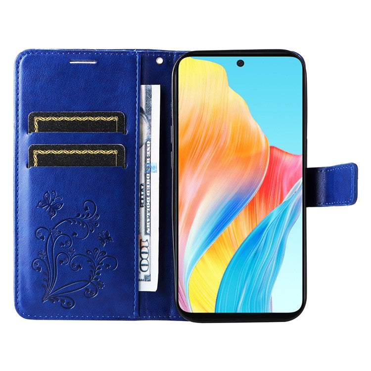 KT Imprinting Flower Series-2 For Oppo A58 4G Case Butterfly Imprint Wallet Stand PU Leather Phone Cover - Blue