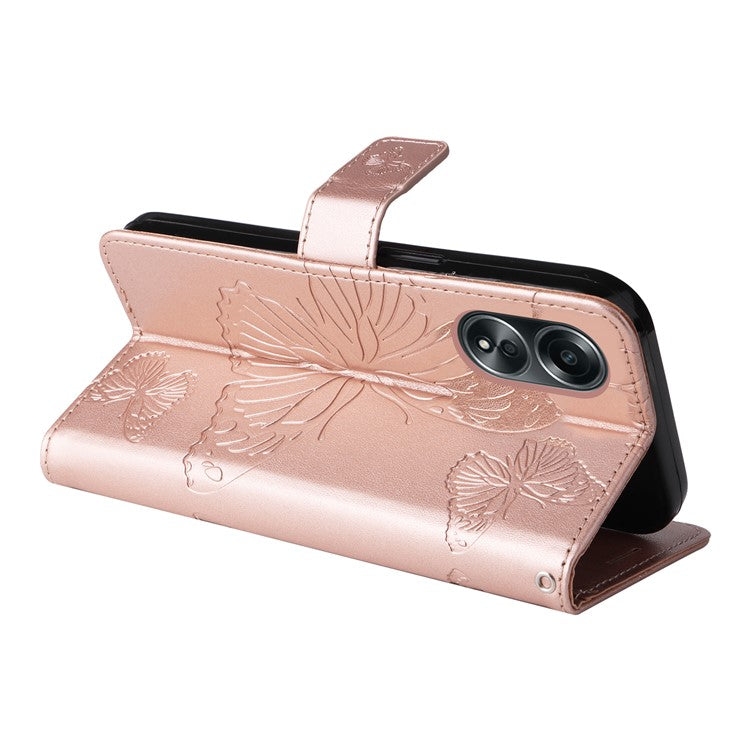 KT Imprinting Flower Series-2 For Oppo A58 4G Case Butterfly Imprint Wallet Stand PU Leather Phone Cover - Rose Gold