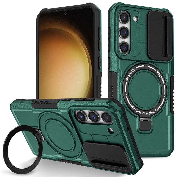 For Samsung Galaxy S23+ Case PC+TPU Magnetic Phone Cover with Slide Camera Lid - Blackish Green