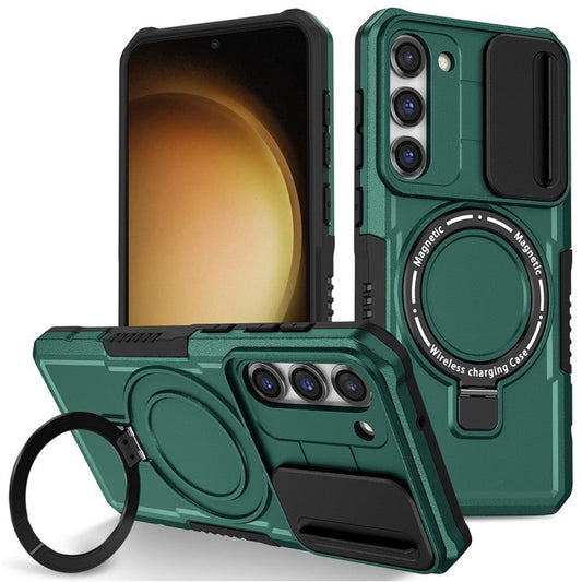 For Samsung Galaxy S23+ Case PC+TPU Magnetic Phone Cover with Slide Camera Lid - Blackish Green
