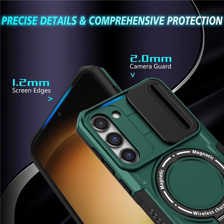 For Samsung Galaxy S23+ Case PC+TPU Magnetic Phone Cover with Slide Camera Lid - Blackish Green
