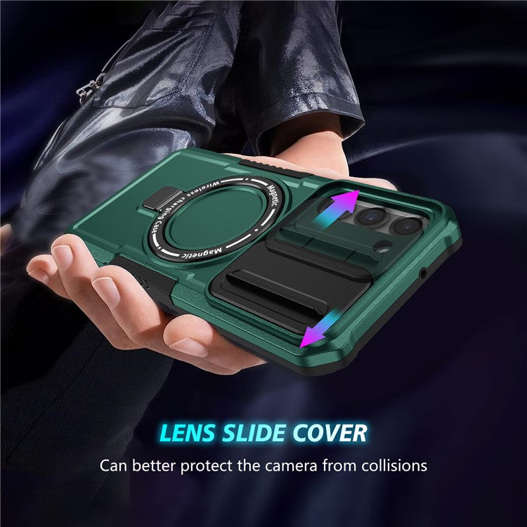 For Samsung Galaxy S23+ Case PC+TPU Magnetic Phone Cover with Slide Camera Lid - Blackish Green