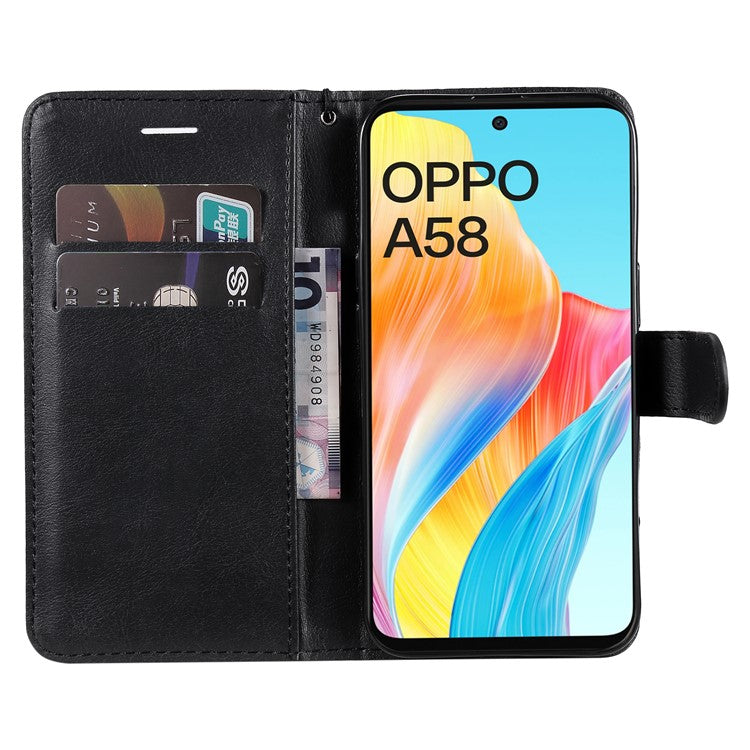 KT Leather Series-2 For Oppo A58 4G Case PU Leather Shckproof Shell Solid Color Stand Phone Cover Wallet - Black