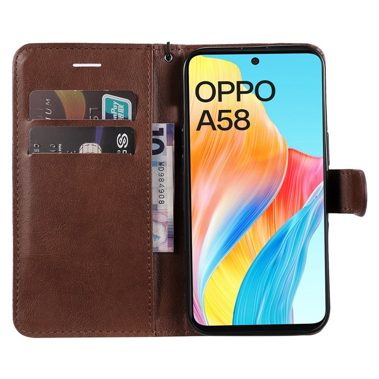 KT Leather Series-2 For Oppo A58 4G Case PU Leather Shckproof Shell Solid Color Stand Phone Cover Wallet - Brown