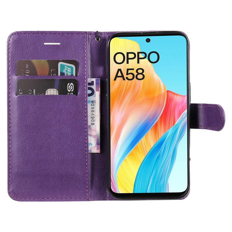 KT Leather Series-2 For Oppo A58 4G Case PU Leather Shckproof Shell Solid Color Stand Phone Cover Wallet - Purple