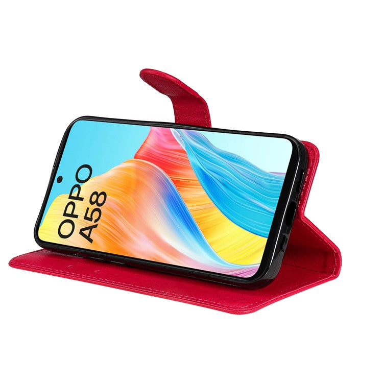 KT Leather Series-2 For Oppo A58 4G Case PU Leather Shckproof Shell Solid Color Stand Phone Cover Wallet - Red