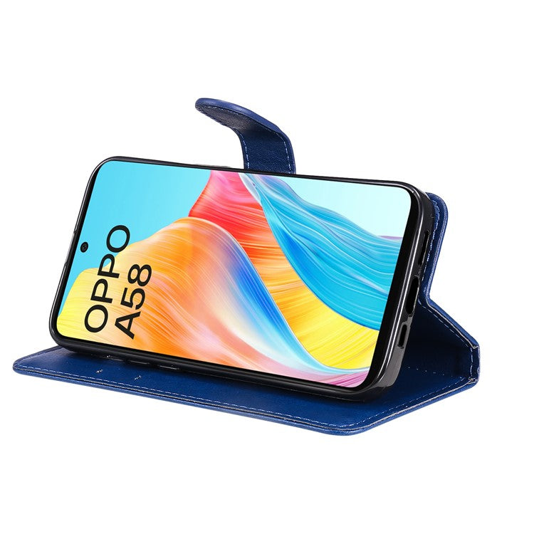 KT Leather Series-2 For Oppo A58 4G Case PU Leather Shckproof Shell Solid Color Stand Phone Cover Wallet - Blue