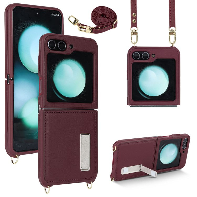 For Samsung Galaxy Z Flip5 5G Case R20 Texture Leather + PC Kickstand Cover - Wine Red