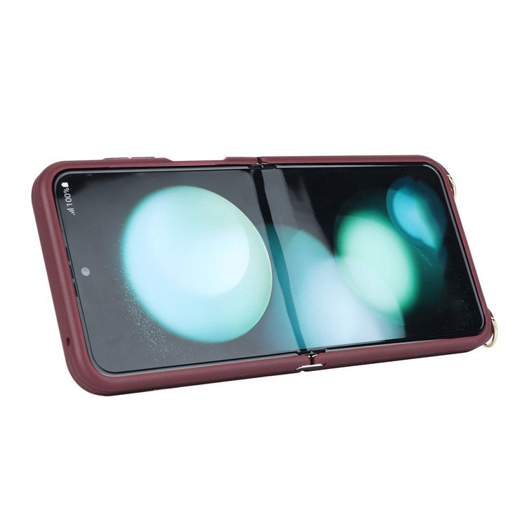 For Samsung Galaxy Z Flip5 5G Case R20 Texture Leather + PC Kickstand Cover - Wine Red
