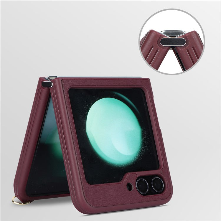 For Samsung Galaxy Z Flip5 5G Case R20 Texture Leather + PC Kickstand Cover - Wine Red