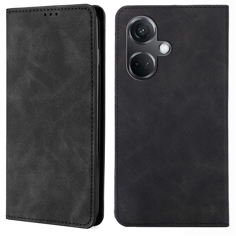 For OnePlus Nord CE3 5G Case Shockproof Skin-touch Flip Stand Card Slots PU Leather Phone Cover - Black