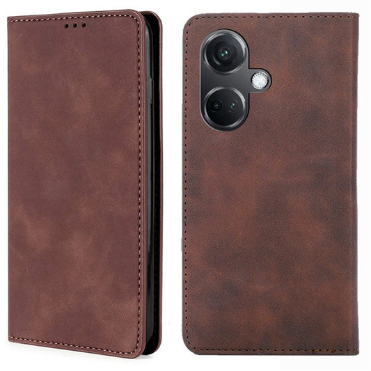 For OnePlus Nord CE3 5G Case Shockproof Skin-touch Flip Stand Card Slots PU Leather Phone Cover - Dark Brown