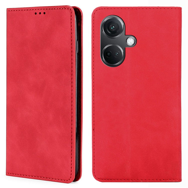 For OnePlus Nord CE3 5G Case Shockproof Skin-touch Flip Stand Card Slots PU Leather Phone Cover - Red