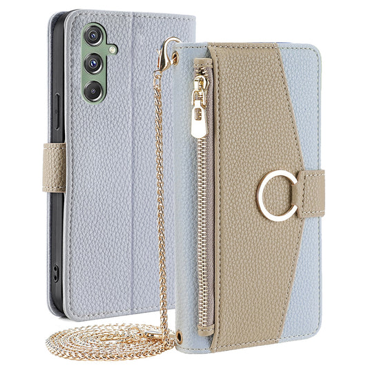 For Samsung Galaxy M34 5G / F34 5G Case PU Leather Crossbody Phone Cover with Makeup Mirror - Blue