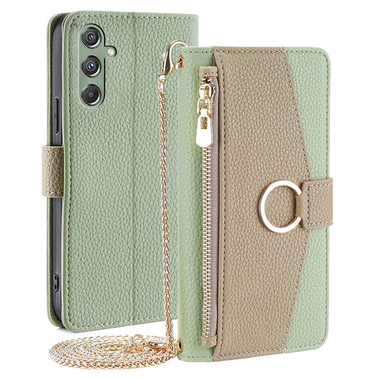 For Samsung Galaxy M34 5G / F34 5G Case PU Leather Crossbody Phone Cover with Makeup Mirror - Green