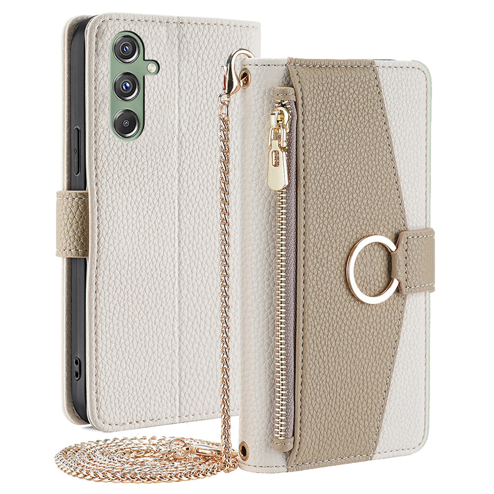 For Samsung Galaxy M34 5G / F34 5G Case PU Leather Crossbody Phone Cover with Makeup Mirror - White