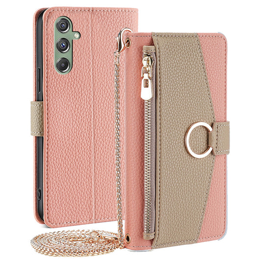 For Samsung Galaxy M34 5G / F34 5G Case PU Leather Crossbody Phone Cover with Makeup Mirror - Pink