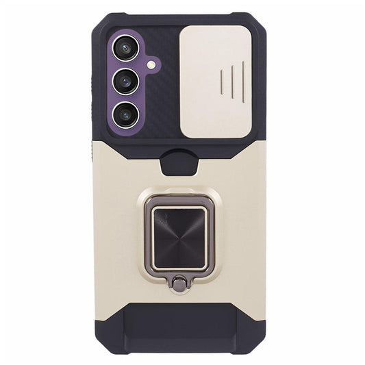 For Samsung Galaxy S23 FE Case Slide Lens Lid Kickstand Phone Cover with Card Holder - Gold